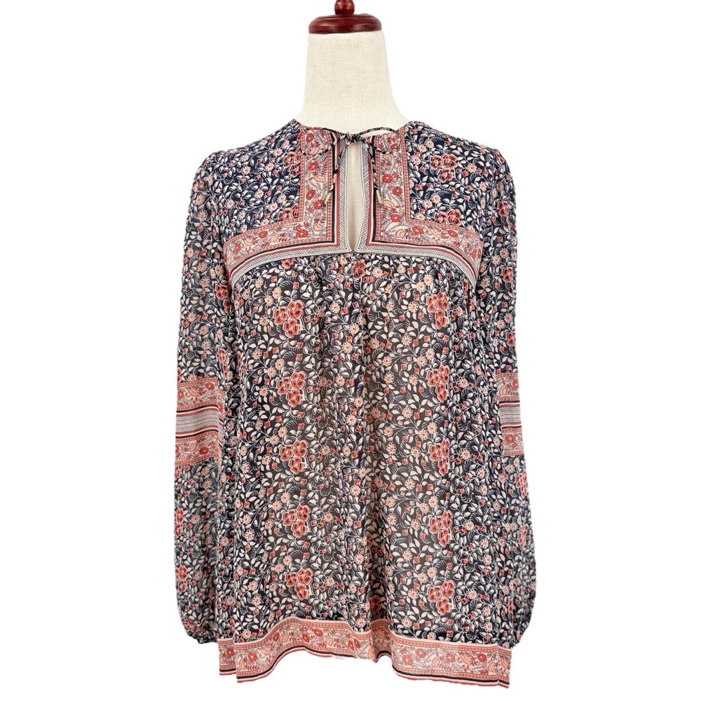 Ulla Johnson Navy Floral Paisley Blouse with Coral Accents